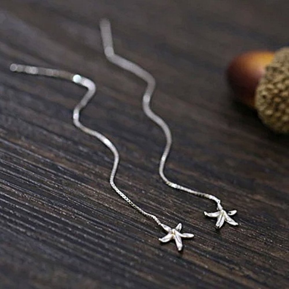 Sterling Silver Starfish Dangle Drop Threader Earrings - Picture 2 of 6